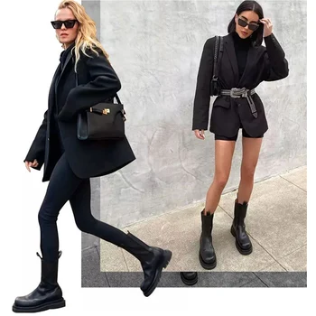 Hakiki Deri Sonbahar Çizmeler Kadınlar için Platform Chelsea Çizme Bahar İnek Derisi Patik Moda Kadın Kalın Alt Siyah Bootie 41