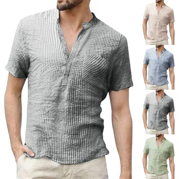 Yaz Kısa Kollu Keten Gömlek erkek Rahat Kalça Pop t-Shirt İle Stand-Up Yaka Topraklar Kısa Kollu Gömlek Buiness Gömlek Üst