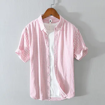 Erkek Rahat Şerit Gömlek Kısa Kollu Tek Göğüslü Turn-aşağı Yaka Gömlek Erkek Giyim Chemise Camisas De Hombre erkek gömleği