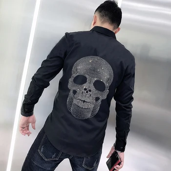 Lüks Sıcak Elmas Tasarım Kafatası erkek tişört Düğme İş Elbiseleri Bahar Yaka İş Büyük Boy Uzun Kollu