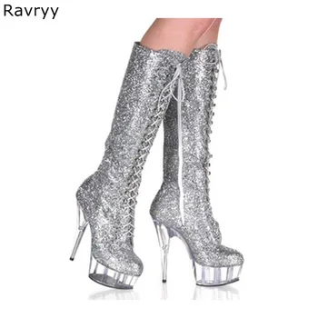 Madeni pul Çapraz bağlı Kadın gümüş uzun çizmeler Kutup dans Modeli Gösterisi Eğlence Kulübü Parti kadın ayakkabısı Kalın Topuk PVC Platformu Çizme 43