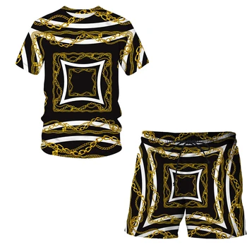 Yaz Altın zincir 3D Baskılı erkek tişört şort takımı erkek Spor Eşofman O Boyun Kısa Kollu erkek giyim Takım Elbise Üstleri