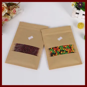 18 * 26 100 adet kahverengi kendinden zip kilit kraft kağıt torbalar için pencere ile hediyeler tatlılar ve şeker gıda çay takı perakende paketi kağıt